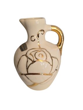 Vintage 22 Kt Gold Hand Painted Ivory Colored Pitcher Vase Rose Pattern 5" Tall
